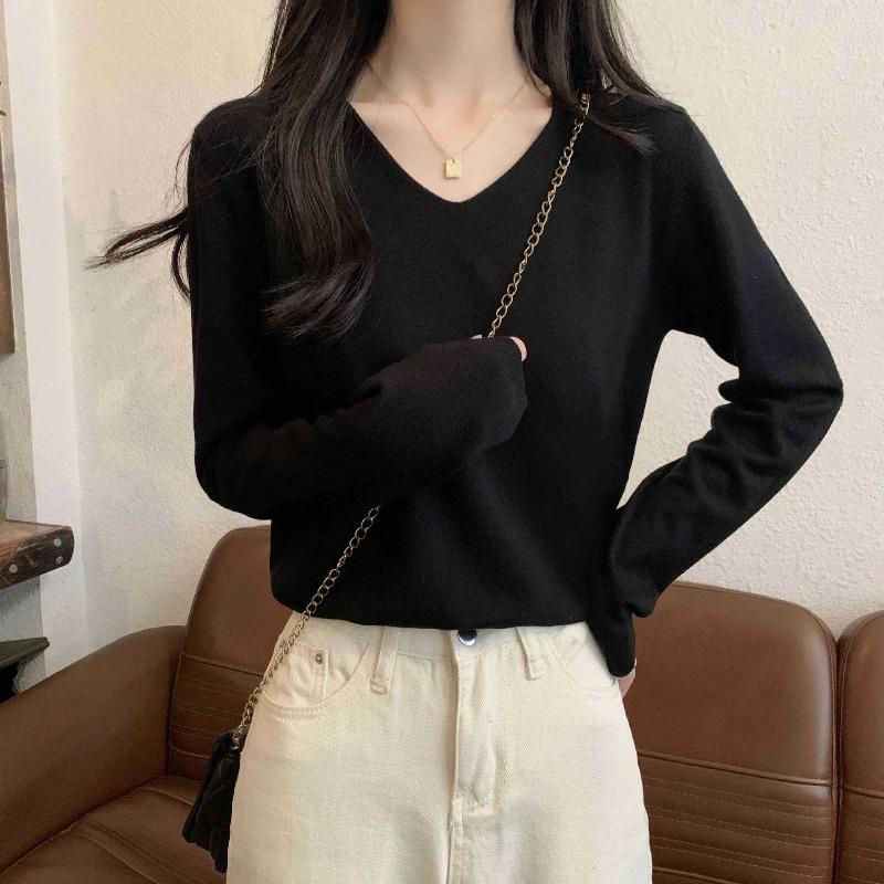 Soft waxy neck simple knitted backing sweater spring casual long-sleeved top black backing shirt