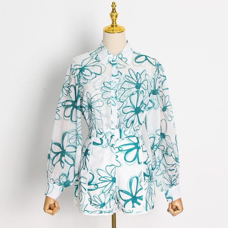 Seaside Vacation Style Fashionable Casual Suit Women s Printed Lapel Shirt + Vest Shorts Three-piece Set S зелёный