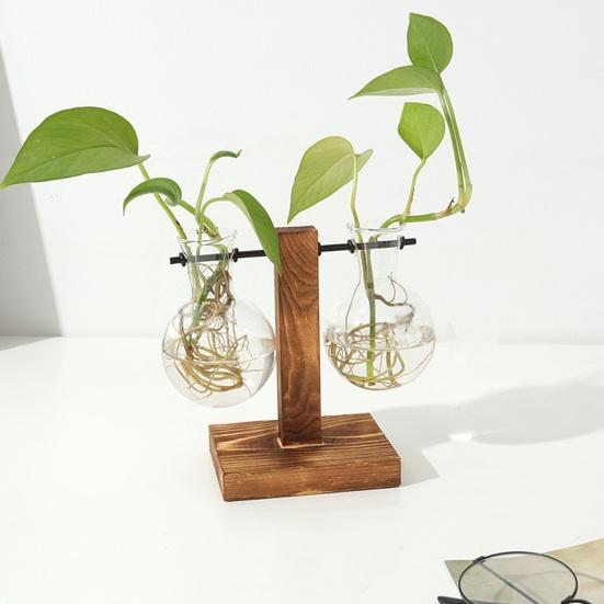 Plant Propagation Station with 1/2 Glass Vases And Wood Stand Decorative Tabletop Terrarium Planter Clear Glass Hydroponic Vase for Office Garden Home