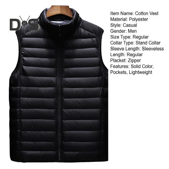 Men Cotton Vest Stand Collar Sleeveless Zipper Placket Lightweight Quilted Waistcoat Solid Color Cotton Vest Jacket with Pockets