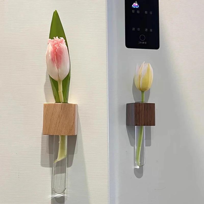 Wooden Test Tube Vase DIY Flower Arrangement Magnetic Simulation Flower Vase Refrigerator Sticker Home Kitchen Decorations Vases