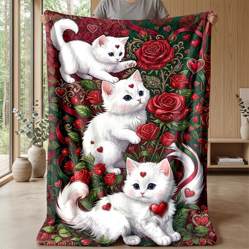 Kittens and Roses Romance Theme blanket Lightweight Warm Flannel Blanket Decorative Throw Blanket for Home Decoration