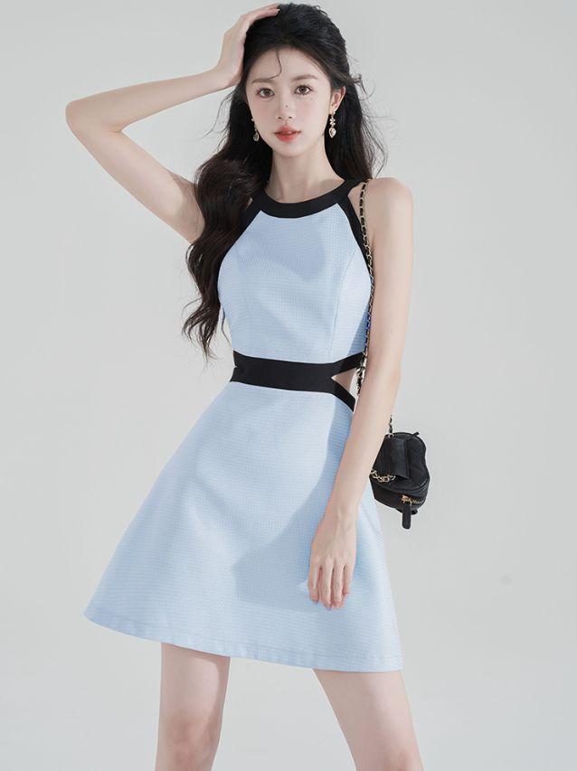 

Pink sleeveless neck dress women s summer new high-end small waist suspender skirt S светло-синий
