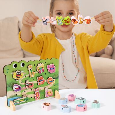 Children'S Wooden Early Education Cartoon Threading Board Animal Beaded Two-In-One Pairing Educational Cute Fun Toy