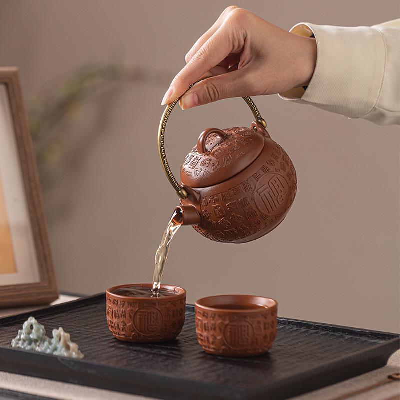 Original Purple Clay Anti-Scald Kung Fu Teapot with Ceramic Handle - Chinese Style Gift Box