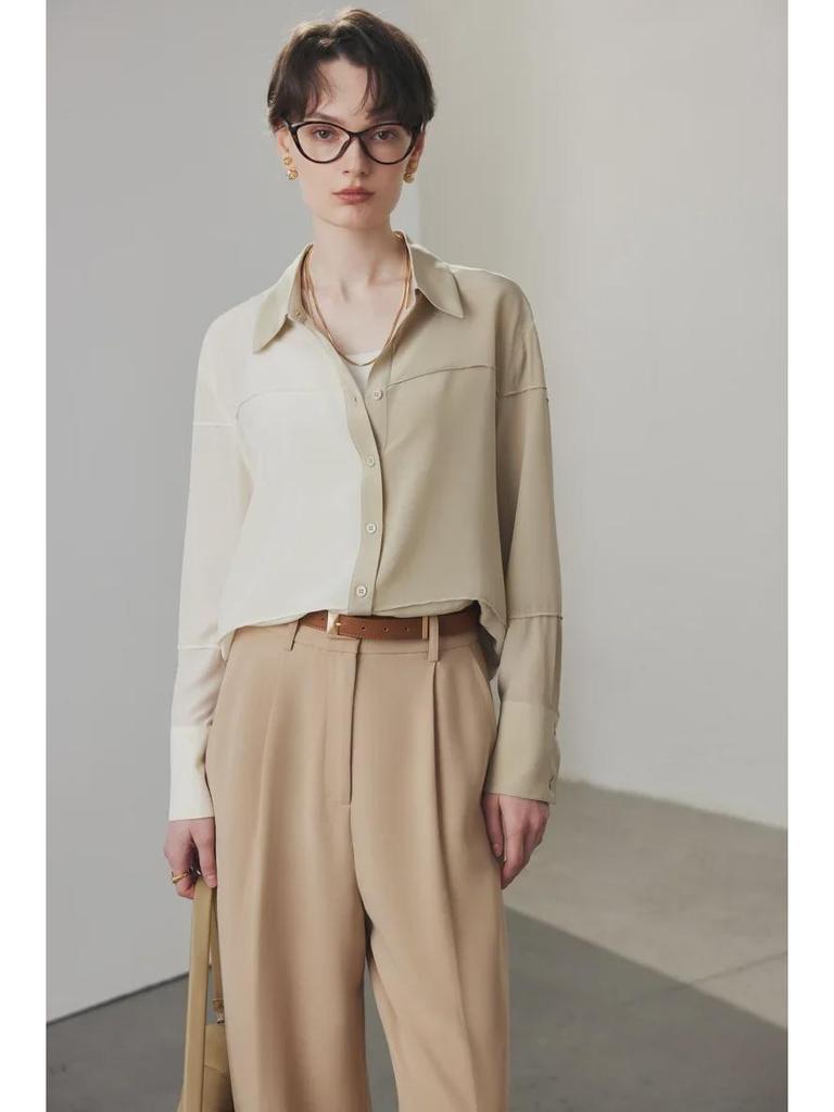 Women's Loose-Fit Silk Shirt - 2025 Spring/Summer, 100% Double Crepe Mulberry Silk, Color-Block Design
