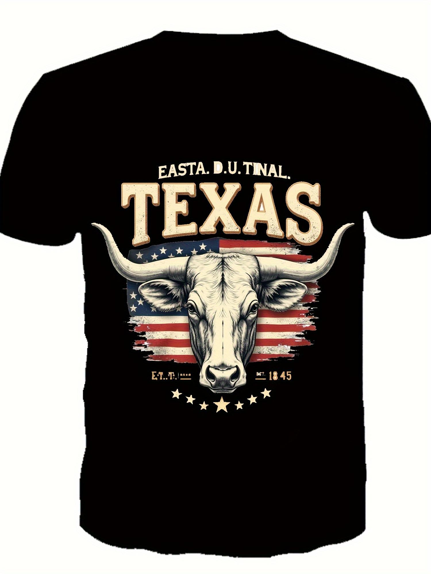 

Texas USA Flag Longhorn Graphic T-shirt - Black Cotton Crew Neck Short Sleeve Tee with American Flag & Longhorn Design XXXXL