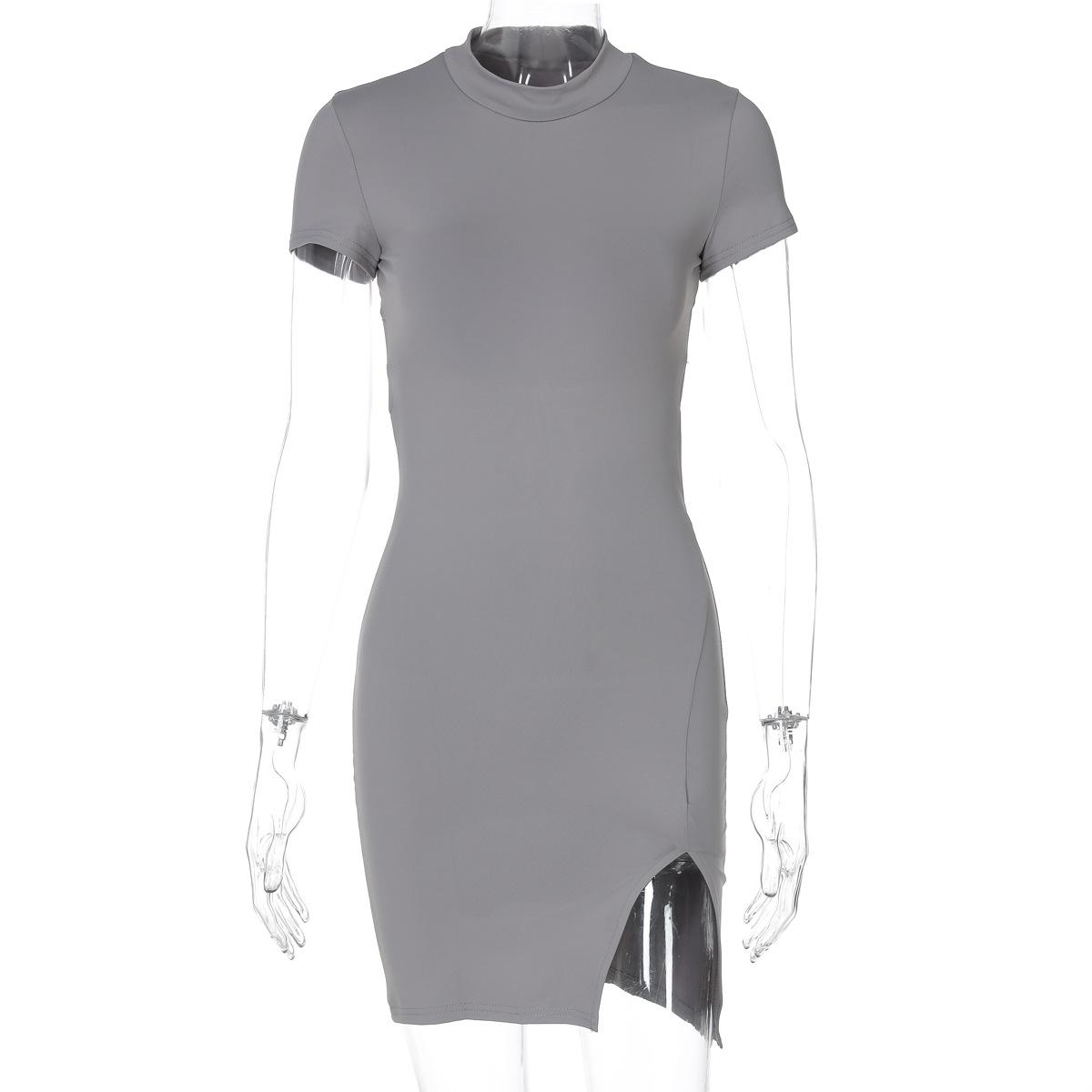 

Платье с разрезом, летнее, с короткими рукавами, высоким воротом, сексуальное, с бретелью через шею, темпераментное, с сумкой на бедрах M серый