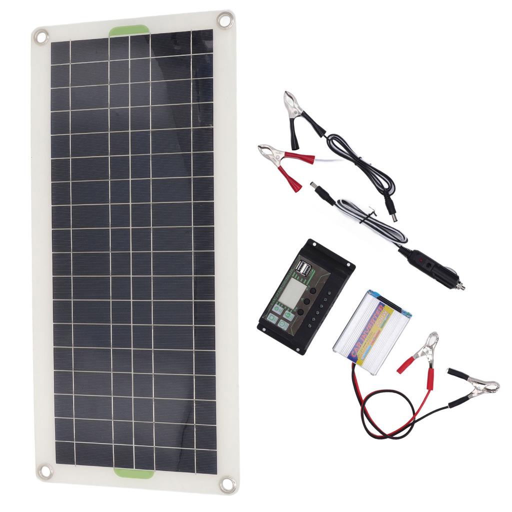 12V 30W Portable Solar Panel Kit with 220W Inverter Controller Polysilicon High Efficiency 2 USB Por