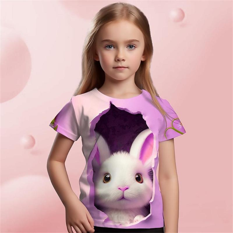Cute Rabbit Short Sleeved Shirt Cartoon Print Girls Children Soft Comfortable T-Shirts Girls