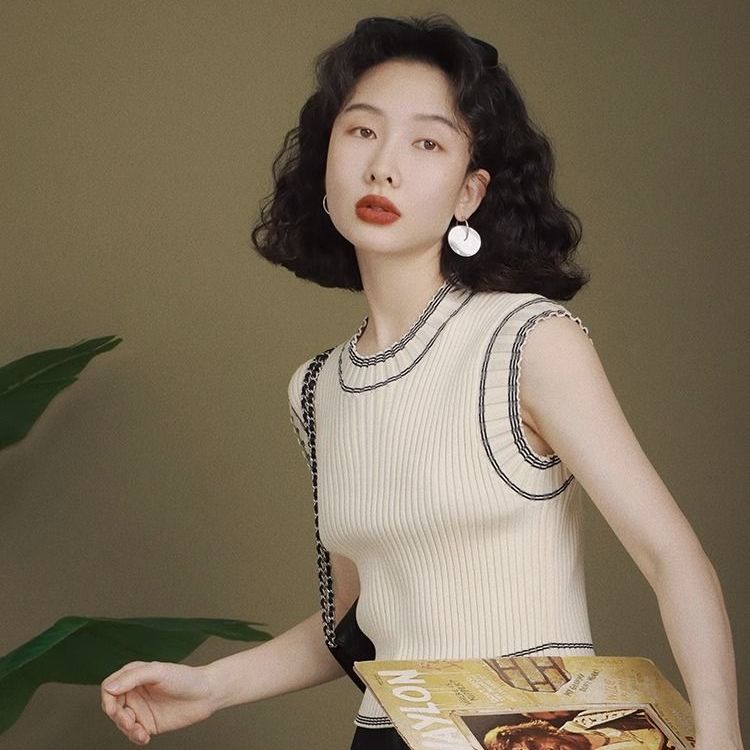 

Женский облегающий топ с цветными блоками, тонкой вязки, майка, винтажная вязка, круглый вырез, жилет, без рукавов 2XL абрикосовый