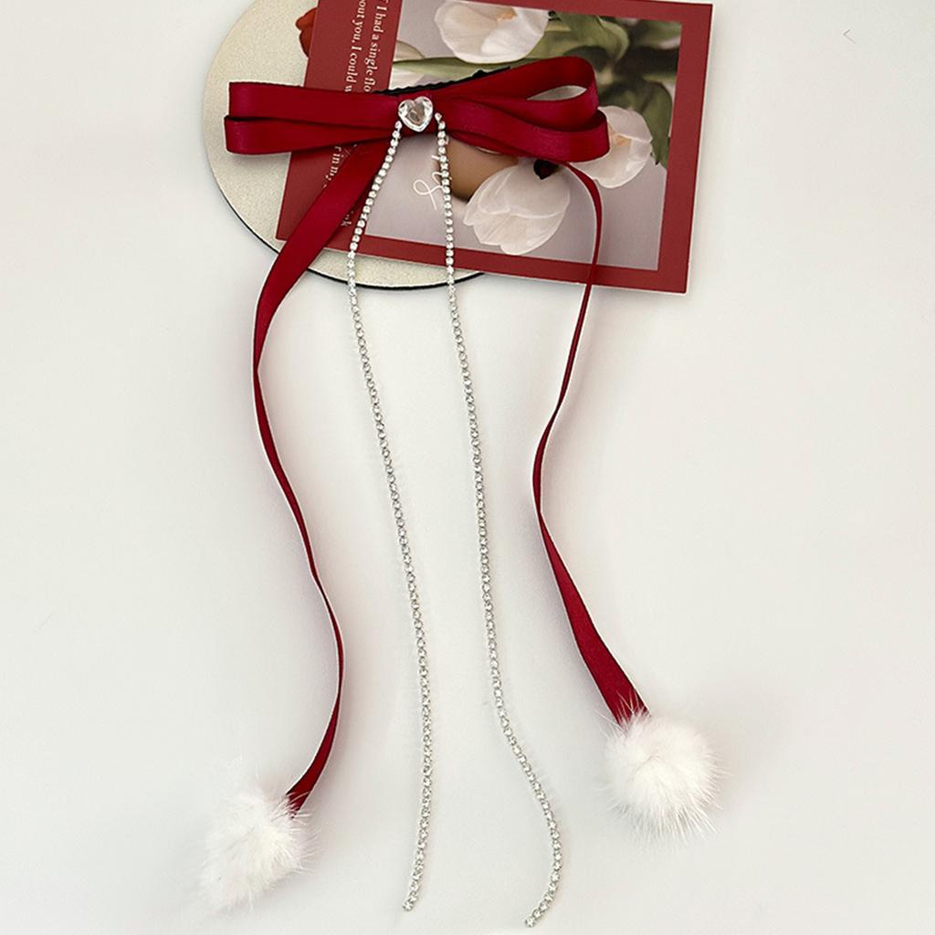 Cute Sweet Girly Bow Hair Clip Bow Long Ribbon Y2K Pompoms Bow Bunches Rhinestones Sweet Balletcore Style