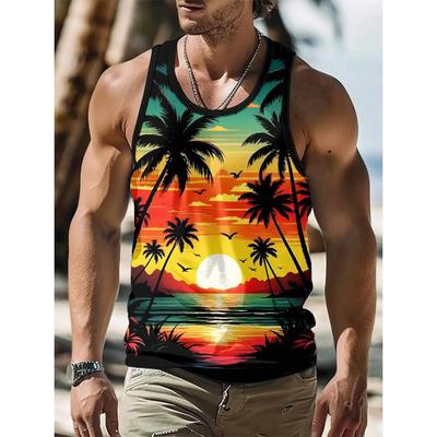 Summer Round Neck 3D Beach Coconut Trees Printed Top Fashionable Casual Hawaii Vacation Sleeveless Vest Men's T-shirts