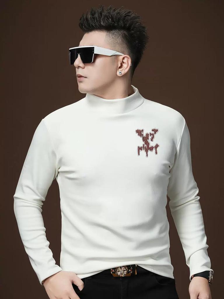 European Style Men's Half-Turtleneck Sweatshirt, Autumn and Winter Fleece-Lined Base Layer, Trendy Brand Print, Warm Inner Wear for Men