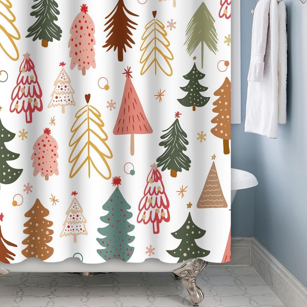 Abstract Boho Christmas Tree Shower Curtain with Mid-Century Snowflakes Design, Waterproof Bathroom Decor Set for Holiday Style
