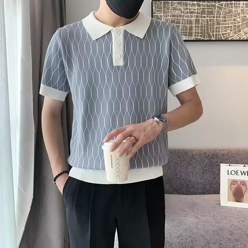 

Мужская корейская приталенная рубашка поло из ледяного шелка с контрастной отделкой - Короткий рукав, Прохладная, Красивый дизайн лацкана 2XL серый