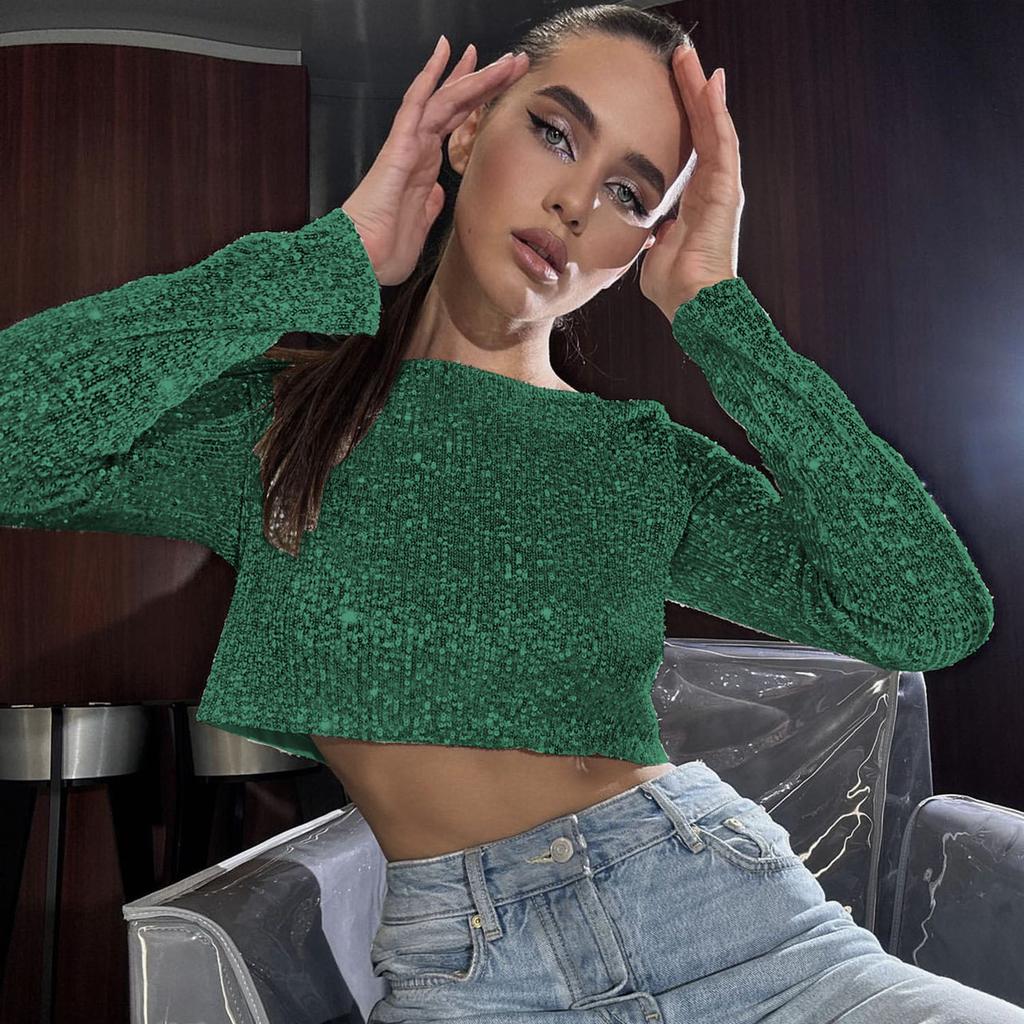 Women's Long Sleeve Sequins Casual Short Top