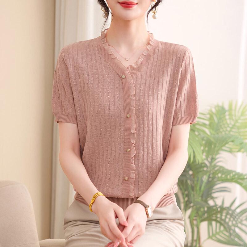 Xuexi Lyocell Elegant Short-Sleeve Top for Middle-Aged Women L