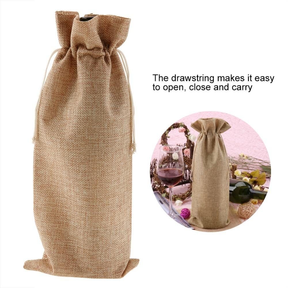 12pcs Grey Linen Fabric Wine Bag Drawstring Closure Wine Bottle Gift Bag Housewarming Gift