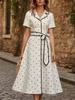 Rochie Stil Francez cu Buline Alb-Negru, Decolteu în V, Nasturi, Legată în Talie