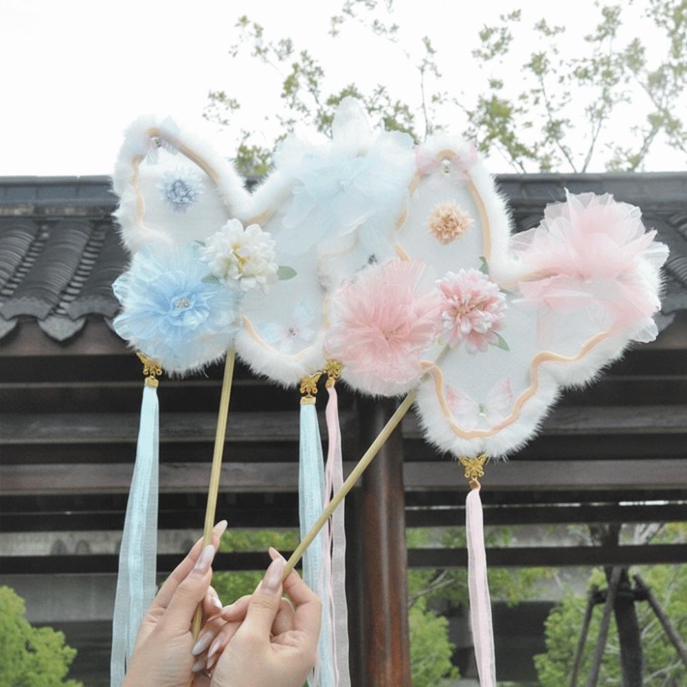 Handmade Silk Flower Fan Fluffy Embroidered Fan Elegant Photo Props Dance Performance