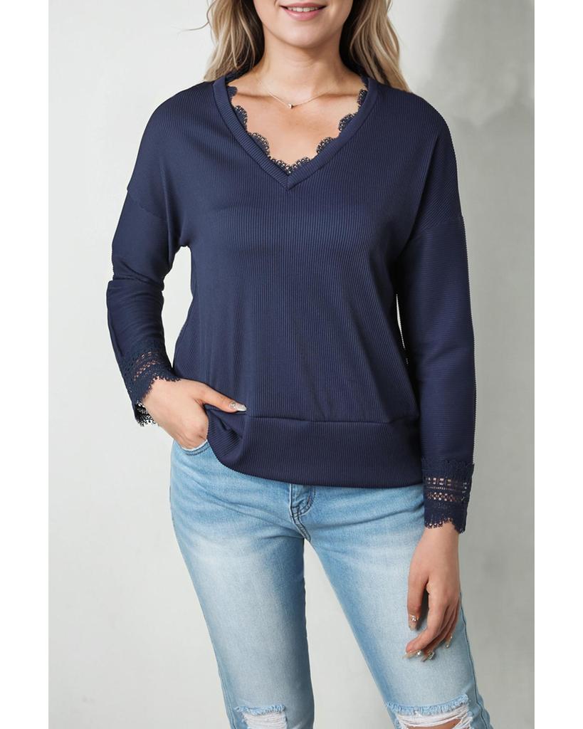 Azura Exchange Ribbed Texture V Neck Long Sleeve Top