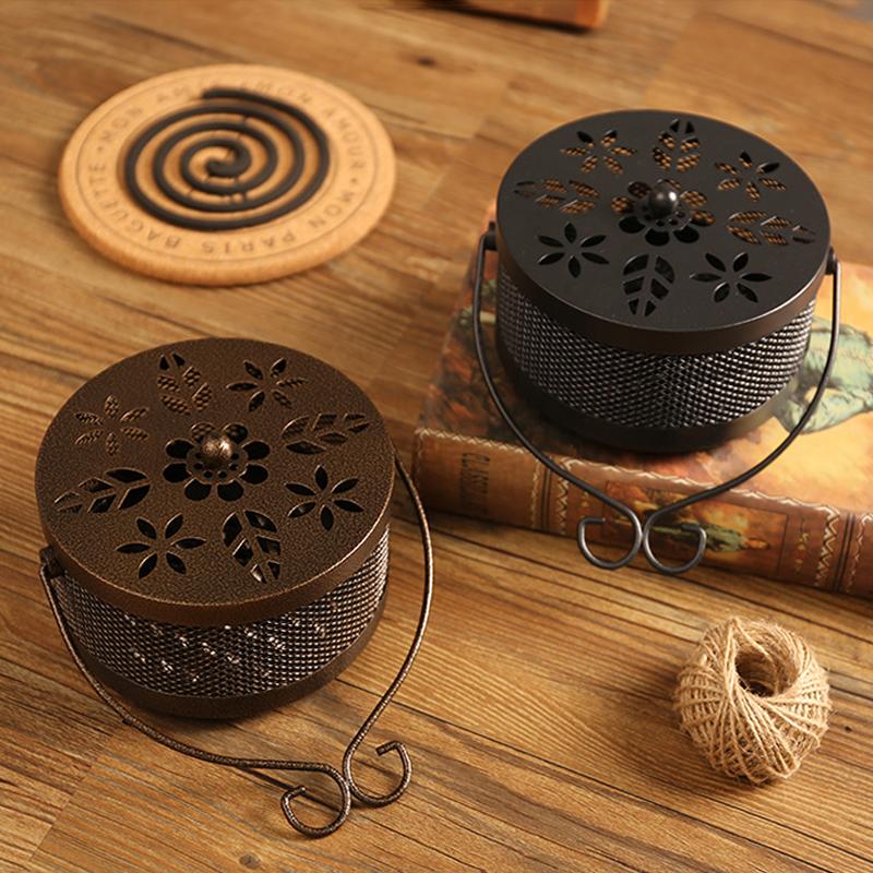 Retro Iron  Mosquito Coil Holder with Cover Vintage Mosquito Repellent Incenses Rack Household Aromatherapy Burner