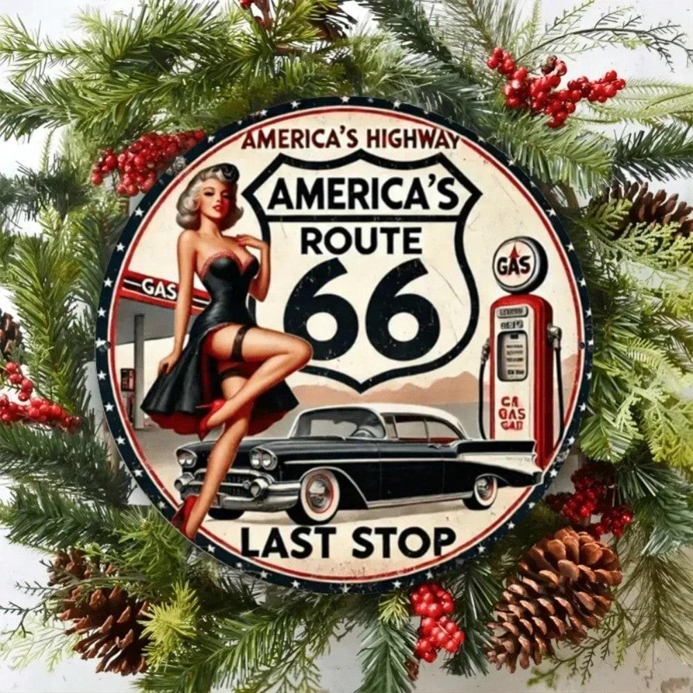 Vintage Route 66 Metal Tin Sign Pinup Girl Classic Car Wall Art Bar Cafe Decor 20x20 разноцветный