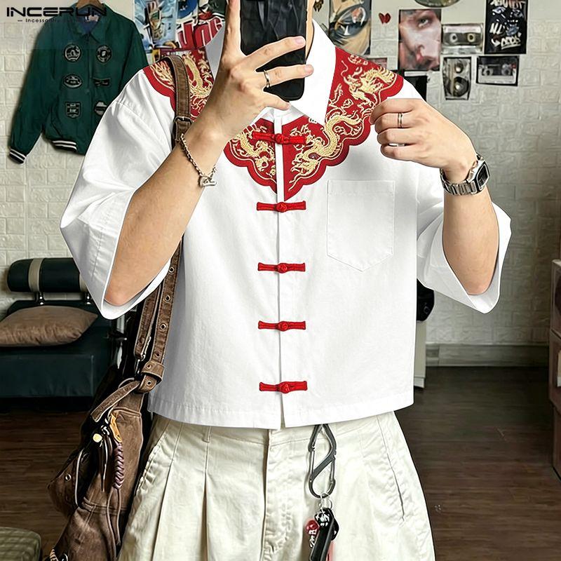 INCERUN Oversized Men Lapel Neck Half Sleeve Dropped Shoulder Vintage Knot Casual Shirts Tops