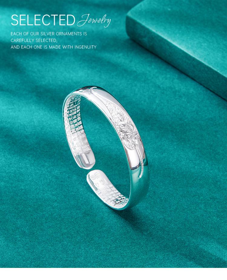 Classic S999 Sterling Silver Heart Sutra Bangle: Chinese Style Wide Open Bracelet for Women - Ideal Gift for Elders.