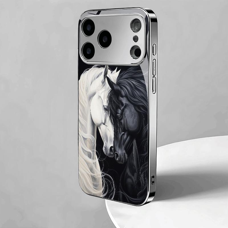 Black White Horse Pattern Tempered Glass Electroplated Phone Case For iPhone 17 16 15 14 13 12 11 Pro Max 16 Plus 17 Air Cover