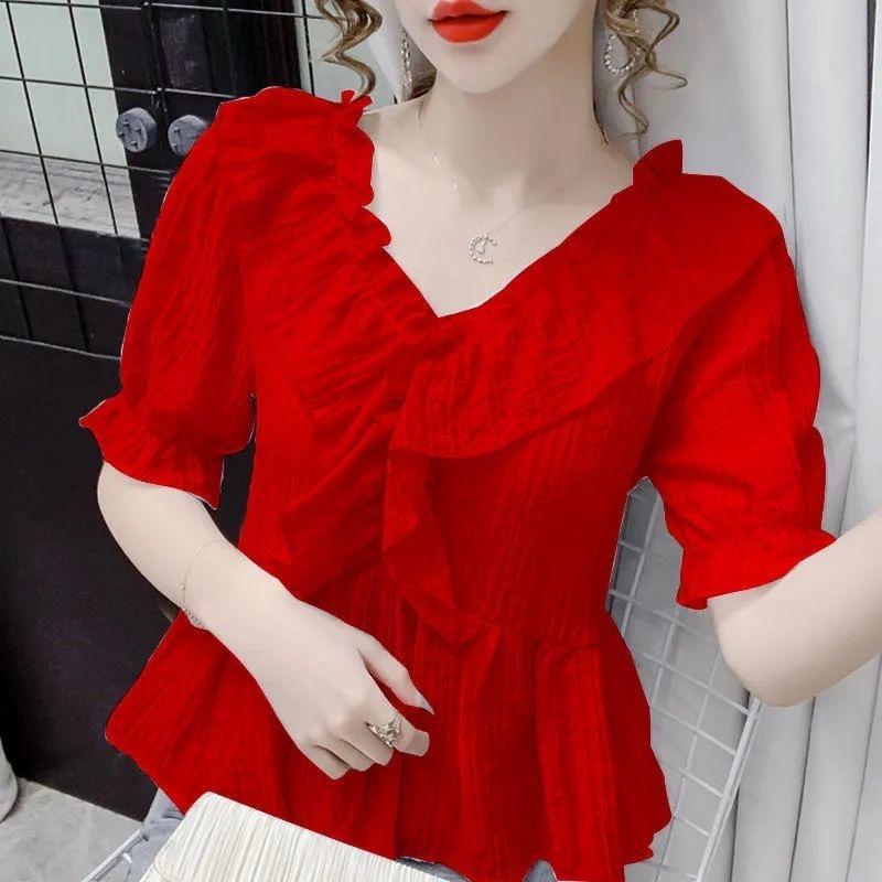 Women's Summer French V-neck Ruffle Puff Sleeve Top – Versatile and Fashionable
