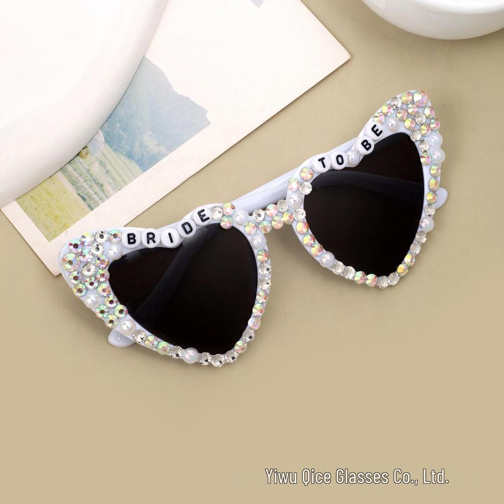 Heart-shaped Rhinestone Wedding Sunglasses for Bride - Pearl Bridal Party Glasses (White)
