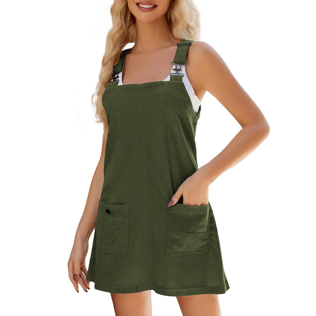 Women's Corduroy Overall Dress Strap Jumper Dresses With Pockets Fashion Overalls
