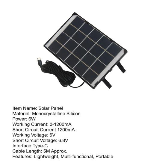 Panel słoneczny 6W 5V Przenośny Wysoka Wydajność Lekki Typ-C Zewnętrzna Lampa Ogrodowa Latarnia Kempingowa Kamera Bezpieczeństwa Płyta Ładowarki Słonecznej z Kablem 5M