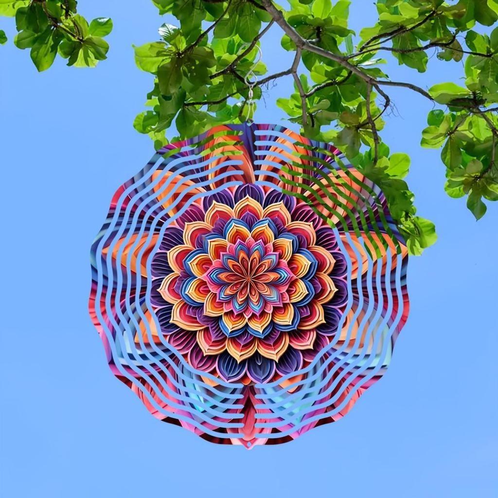 Vibrant 10-inch Mandala Wind Spinner – 2D Kinetic Metal Art with Colorful Floral Design, 360° Rotating Hook for Garden