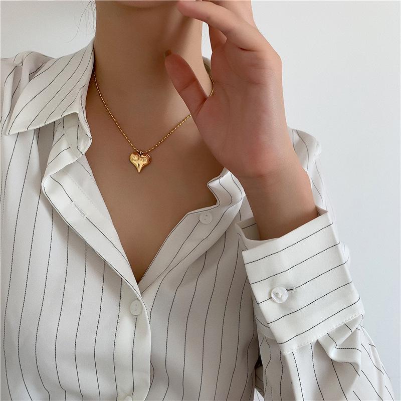 Gold 3D Heart LOVE Titanium Steel Necklace - Trendy Retro European & American Fashion for Women