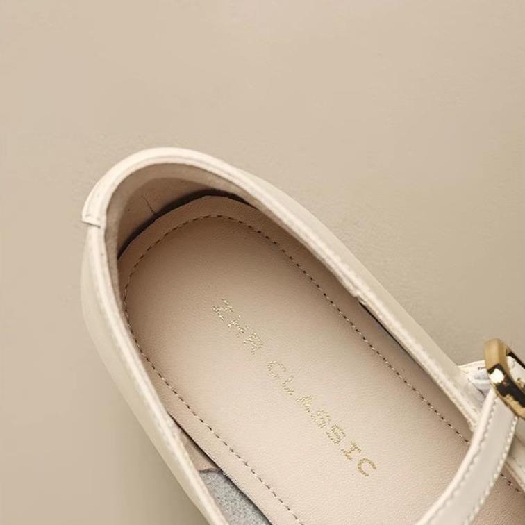 Spring Summer Women's French Style Shoes - Square Toe Chunky Heel Shoes with Metal Buckle Ankle Strap Leather Shoes
