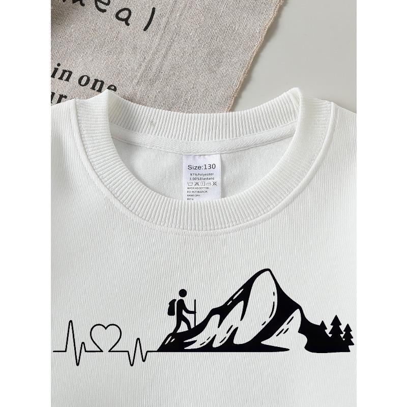 European Sizes Girls' Soft Crewneck Sweatshirt Mountain Hiker Heartbeat Adventure Print, Casual All-Match for Fall Winter, Ideal Present.