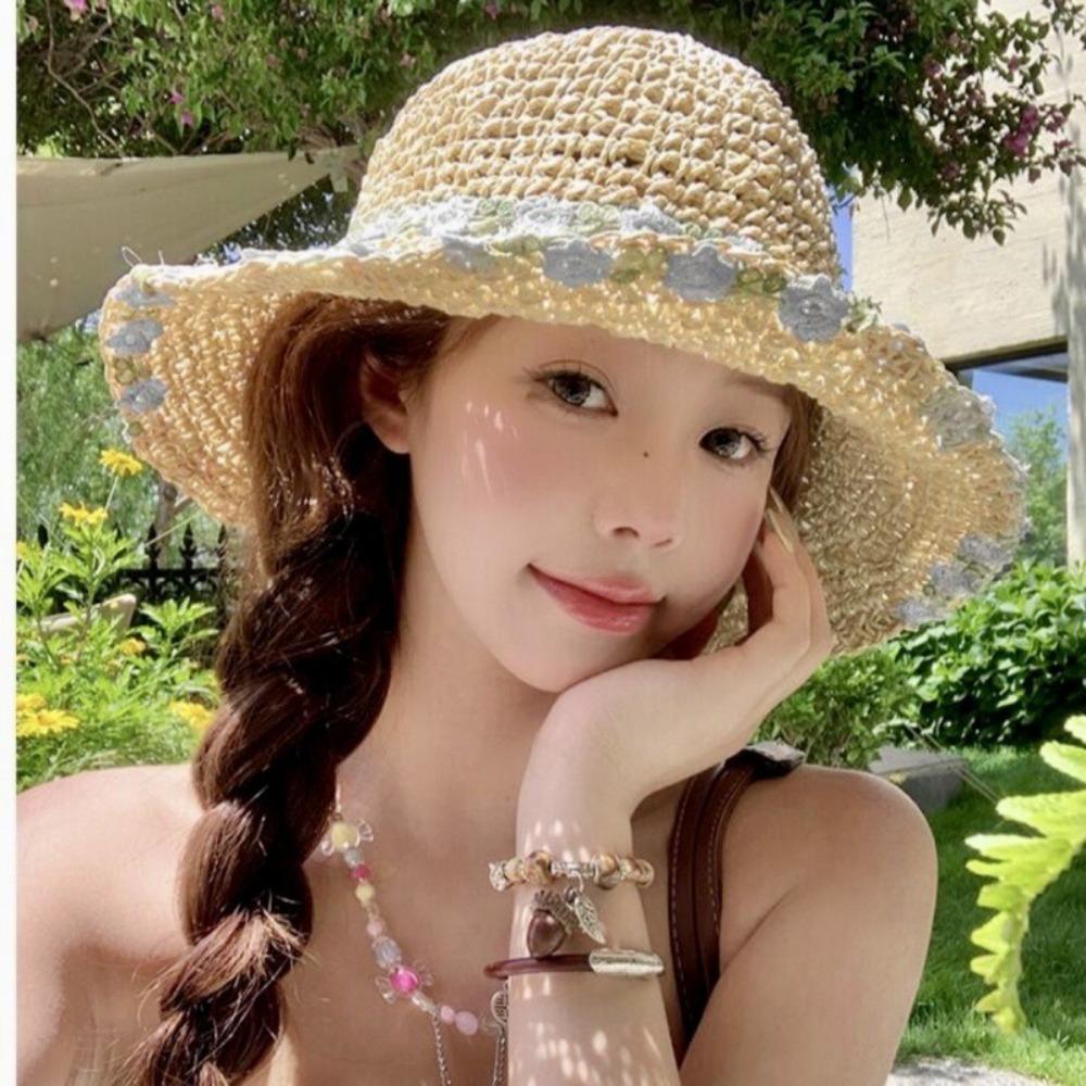 Solid Color Women Visor Bucket Hat Large Brim Beach Hat Fashion Flower Straw Hat  Seaside Vacation