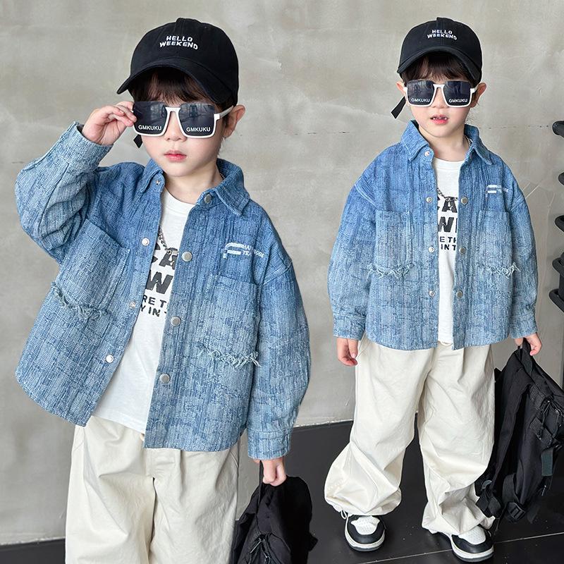 

Джинсовая куртка для мальчиков 2025: Детская осенняя рубашка с лацканами в корейском стиле 140 cm синий