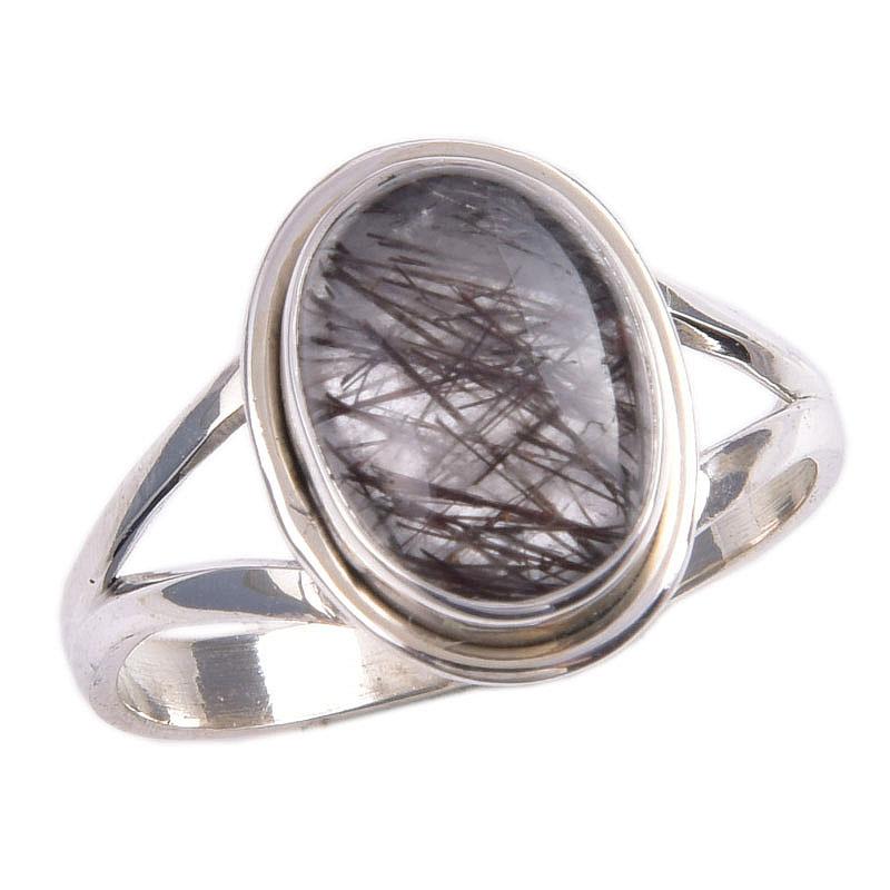 Natural Black Rutile Gemstone 925 Solid Sterling Silver Jewelry Ring S.9.5 G8q37
