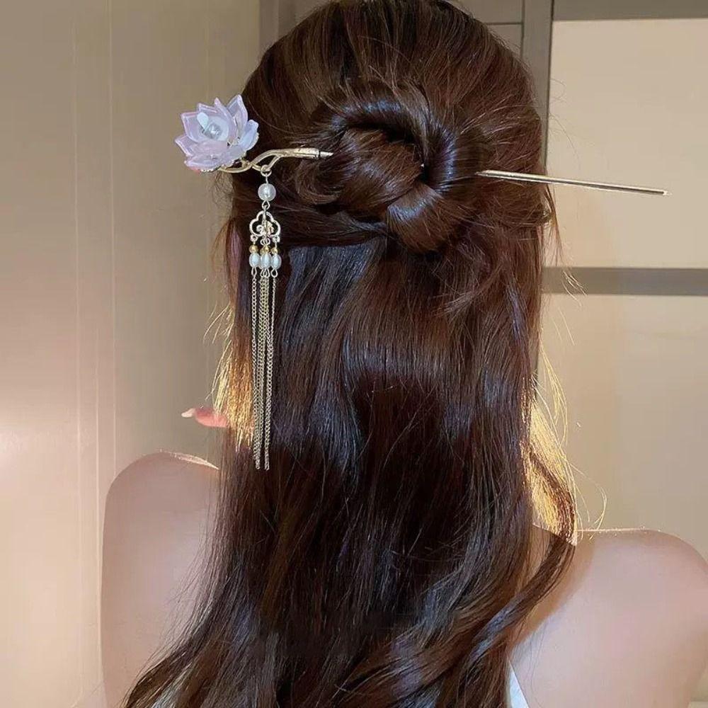 Vintage Lotus Emit Light Hairpin Chinese Style Tassel Hair Stick  For Woman Girl Hair Accessories