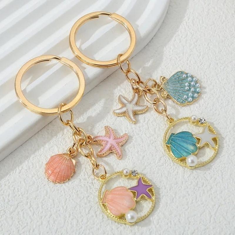 Ocean Series Seashell Conch Starfish Keychain Women Girls Keyrings Birthday Party Jewelry Gifts