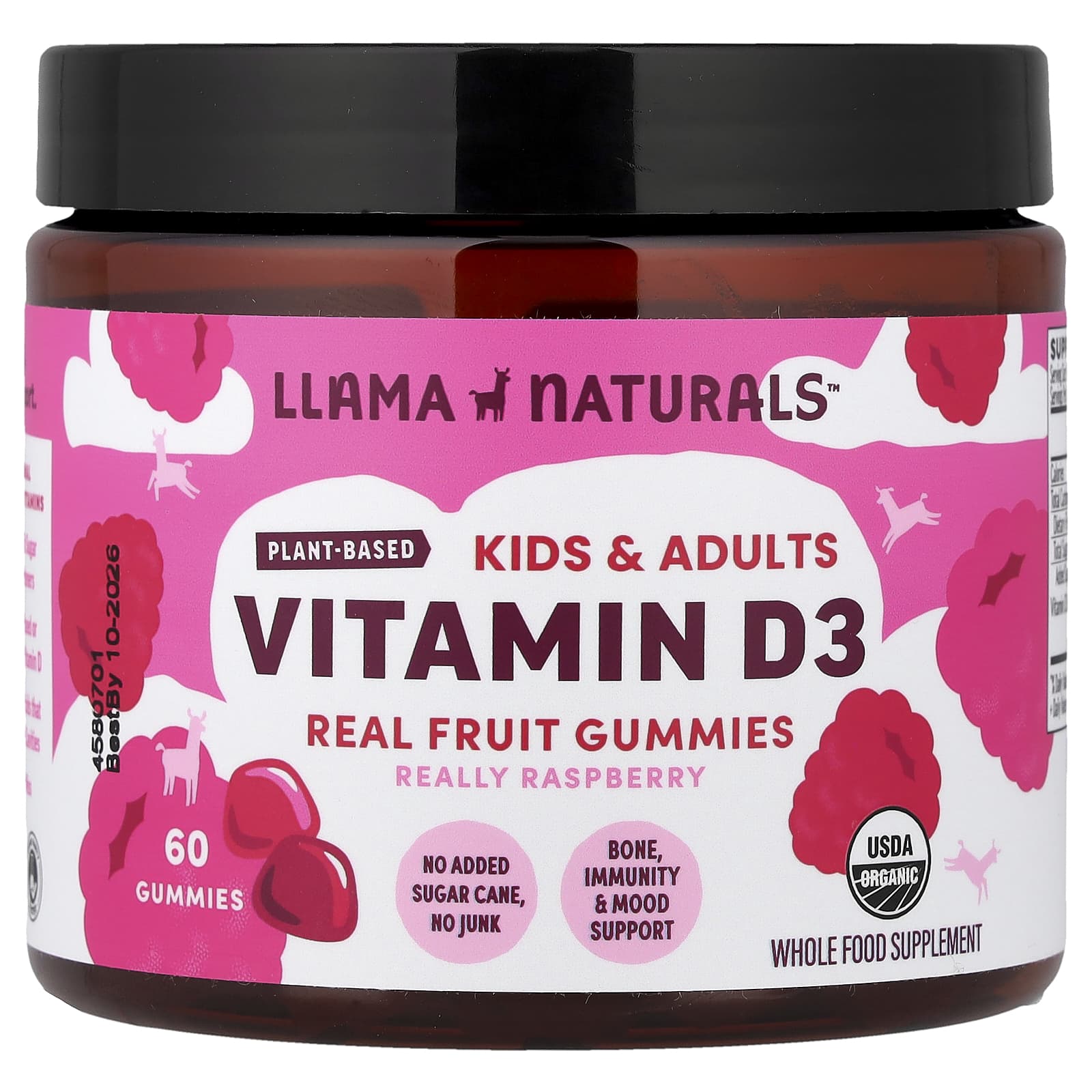 

Llama Naturals, Children & Adults, Plant-Based Vitamin D3, Natural Fruit Gummies, Raspberry Flavor, 60 Gummies