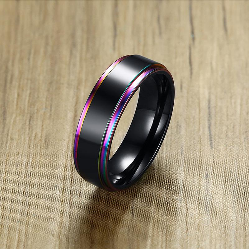 Vnox 6/8mm Svart Ring för Män Kvinnor Spår Regnbåge Rostfritt Stål Vigselringar Trendiga Broderskapsringar Casual Herrsmycken