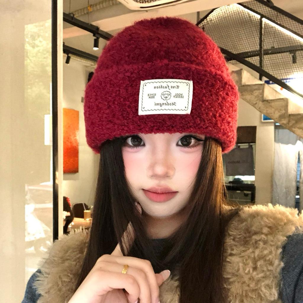 Tissu Patchwork bonnet tricoté rouge pour enfants bonnet d'hiver épaissi chaud froid montrant un petit visage atmosphère protection oreilles bonnet en laine