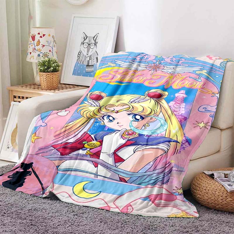 HD S-Sailor M-Moon Flannel Throw Blanket 3D Cartoon Print Soft Warm Lightweight Sofa Bed Cover Girls Bedroom Travel Decor Gift