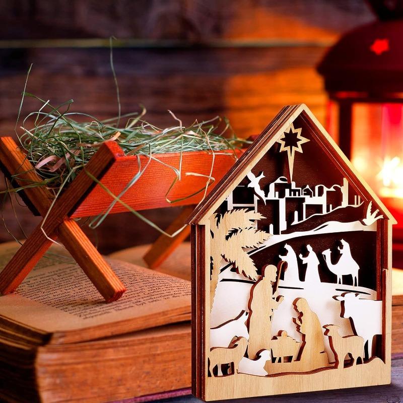 Wooden Christmas Nativity Scene Dining Table Decoration Farmhouse Holiday Layered Tray Decoration Home Decoration