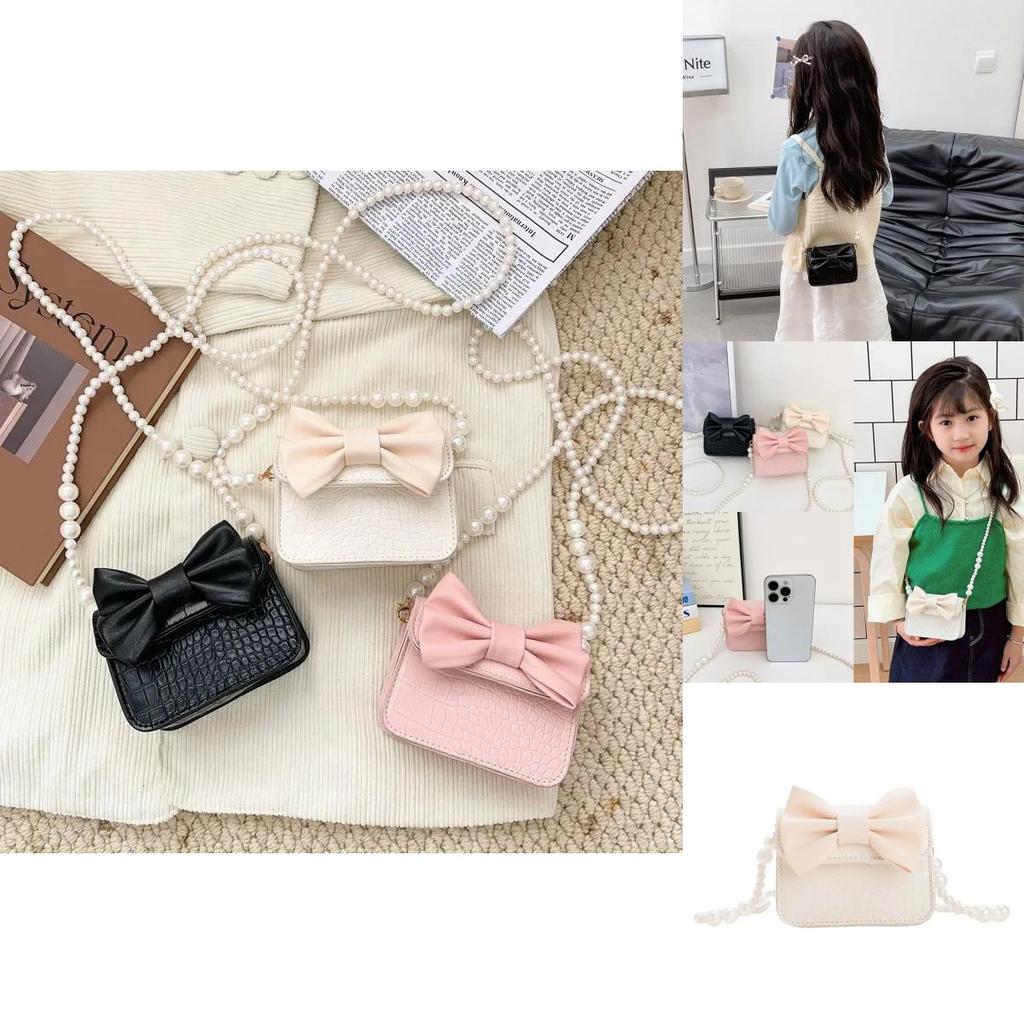 Borsetta per Bambini con Catena di Perle e Fantasia Monocolore per Abiti Casual